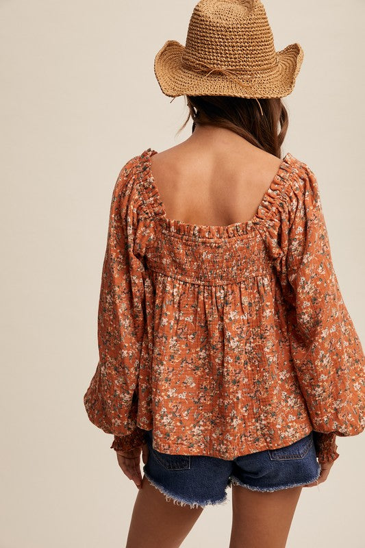 Rust Square Neck Floral Top