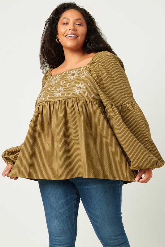 Plus Olive Floral Embroidered Puff Sleeve