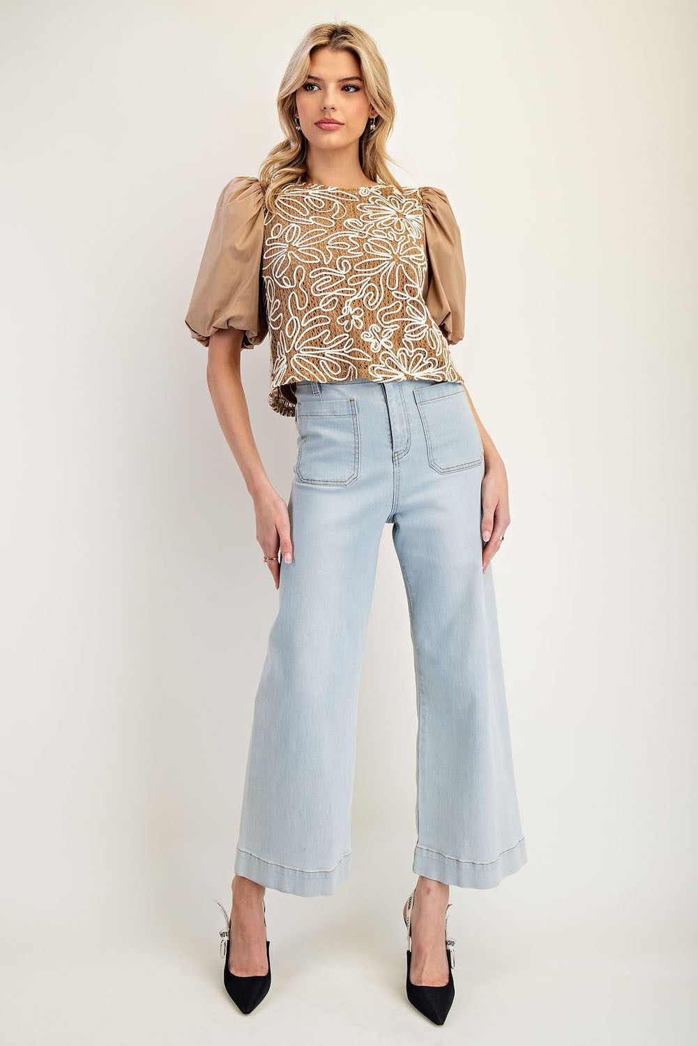Taupe Embroidered Puff Sleeve