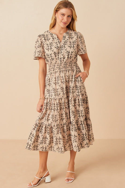 The Winnie| Taupe Floral Cinch Waist Midi Dress