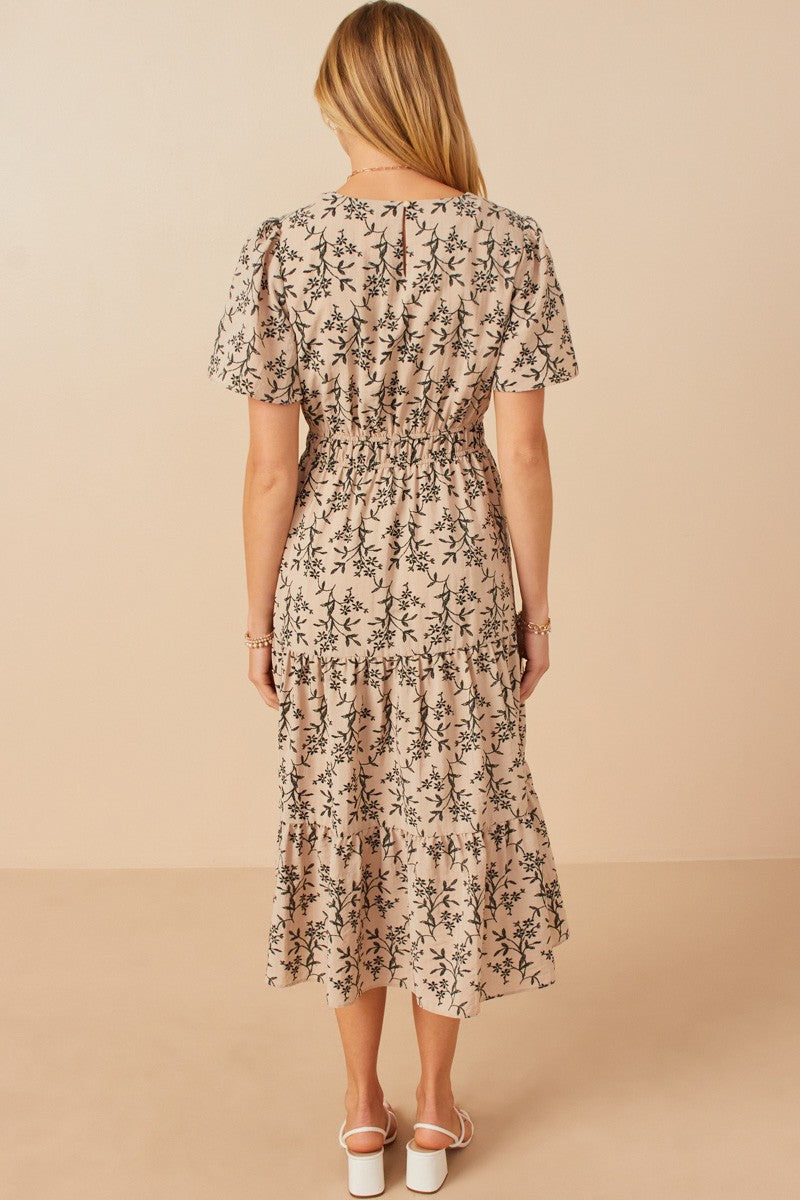 The Winnie| Taupe Floral Cinch Waist Midi Dress