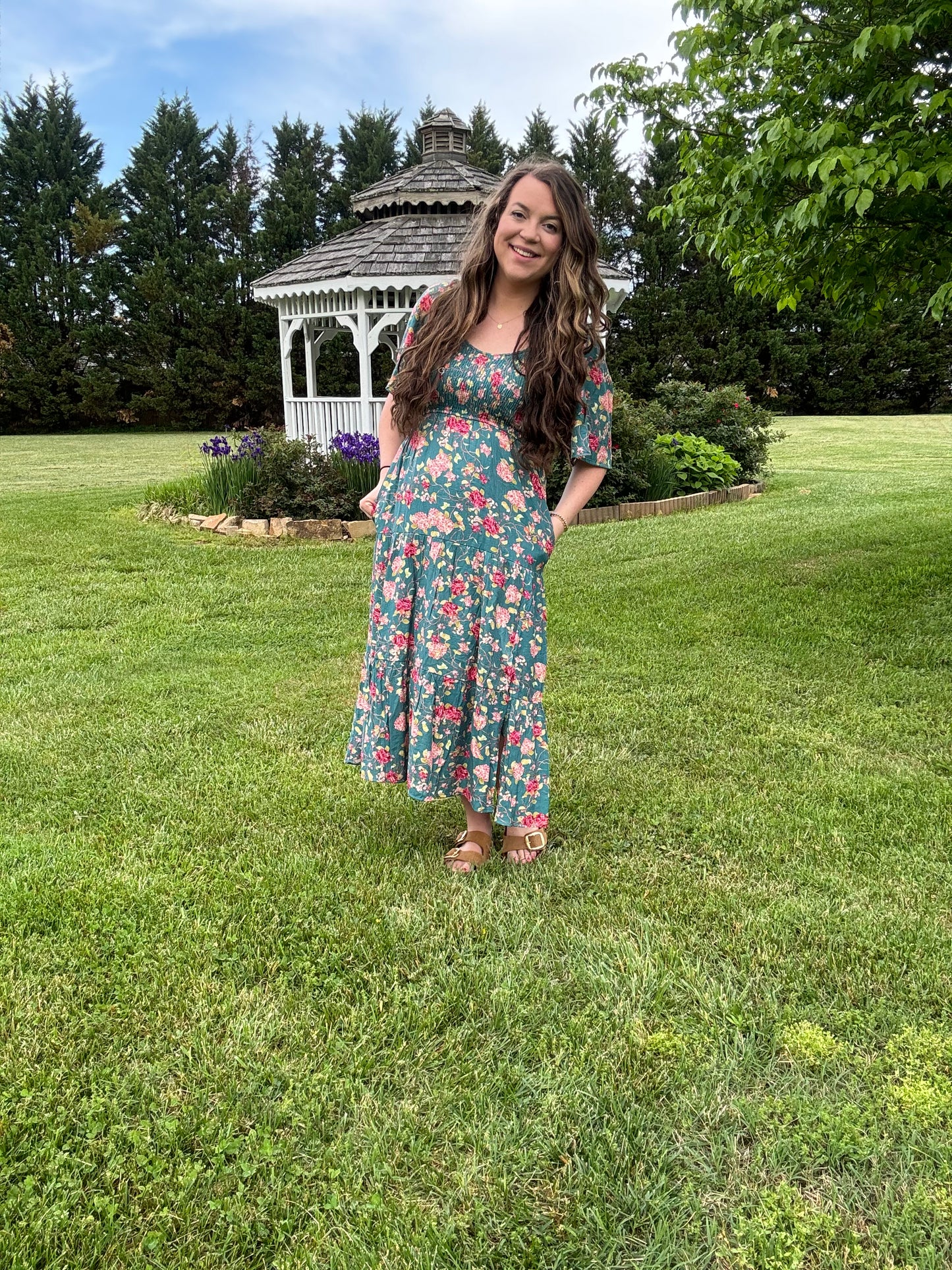 The Clara| Teal Floral Flutter Sleeve Midi Dress