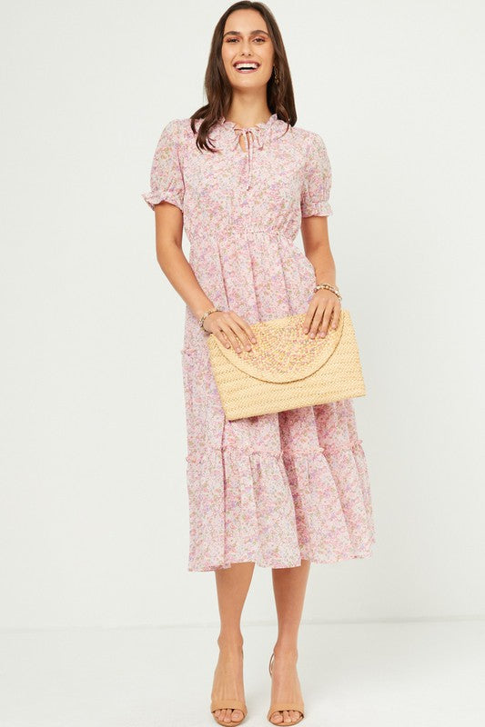 The Grace| Pink Floral Chiffon Midi Dress